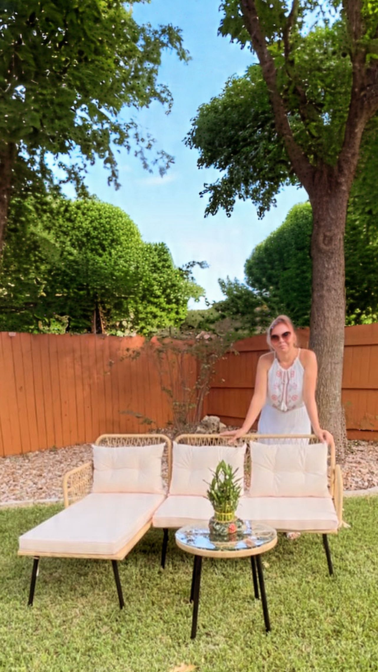 Instagram post by @aylinzorlular for YITAHOME. Caption reads: Backyard goals? ✅
This new YITAHOME L-Shaped Patio....