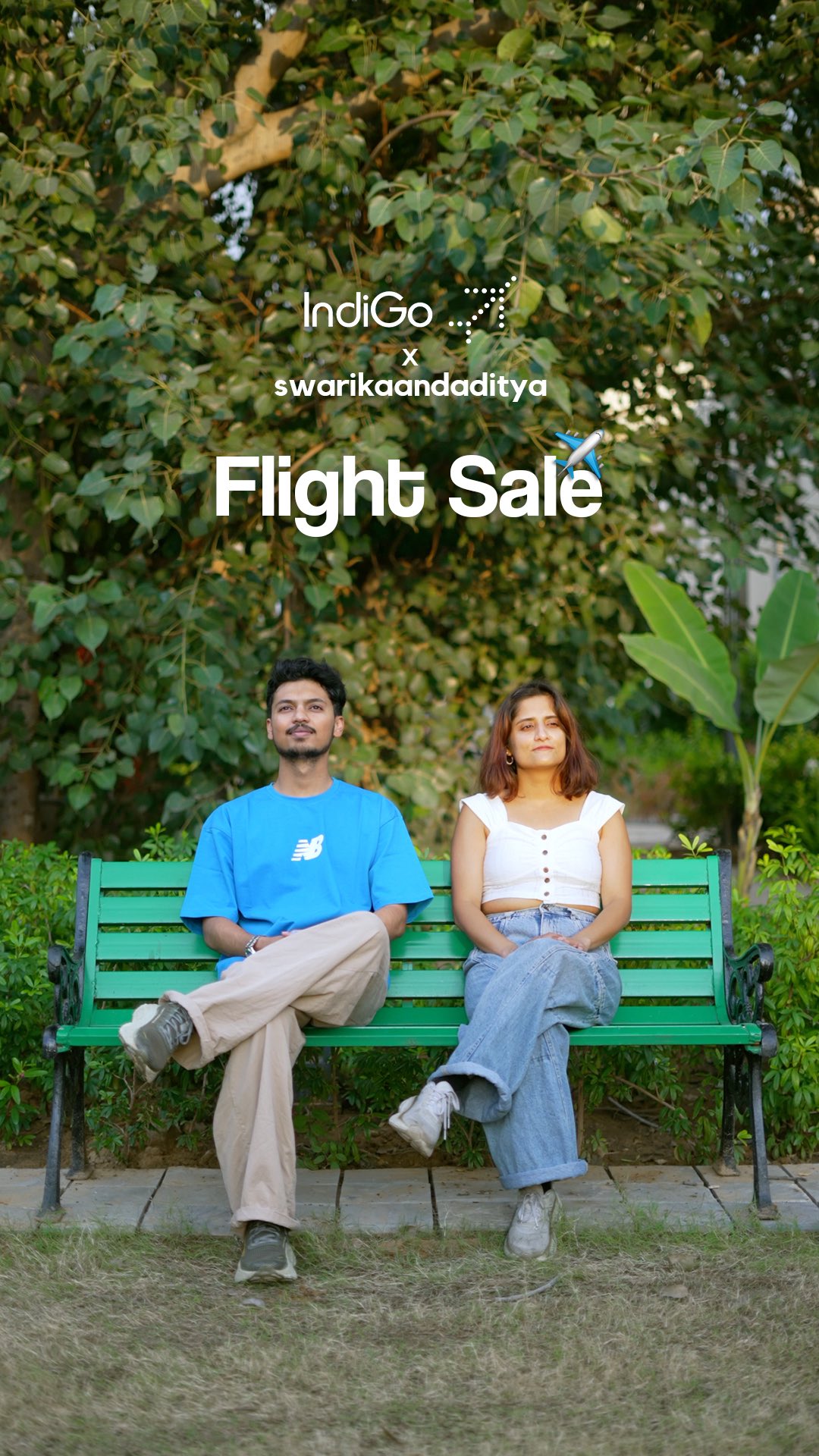 Instagram post by @swarikaandaditya for IndiGo. Caption reads: [...] wish - flights on discount 😄✈️ IndiGo’s....