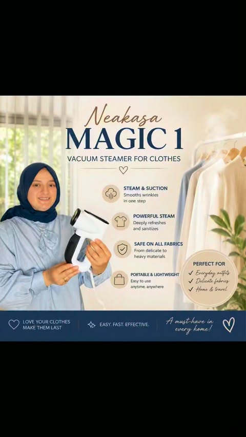 Instagram post by @thehomelyf for Neakasa. Caption reads: The Neakasa Magic 1 Vacuum Steamer makes getting....