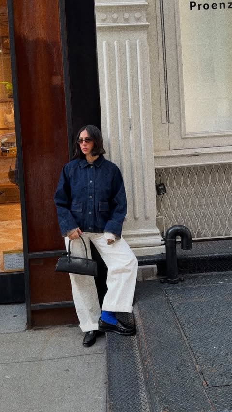 Instagram post by @jules.jacobson for Everlane. Caption reads: a winter white & denim moment @everlane....