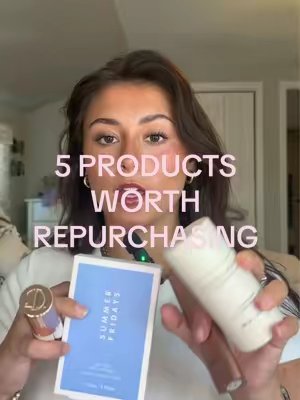 TikTok post by @ninasuske for Donna Karan New York. Caption reads: 5 BEAUTY PRODUCTS ALWAYS WORTH REPURCHASING… Can’t....