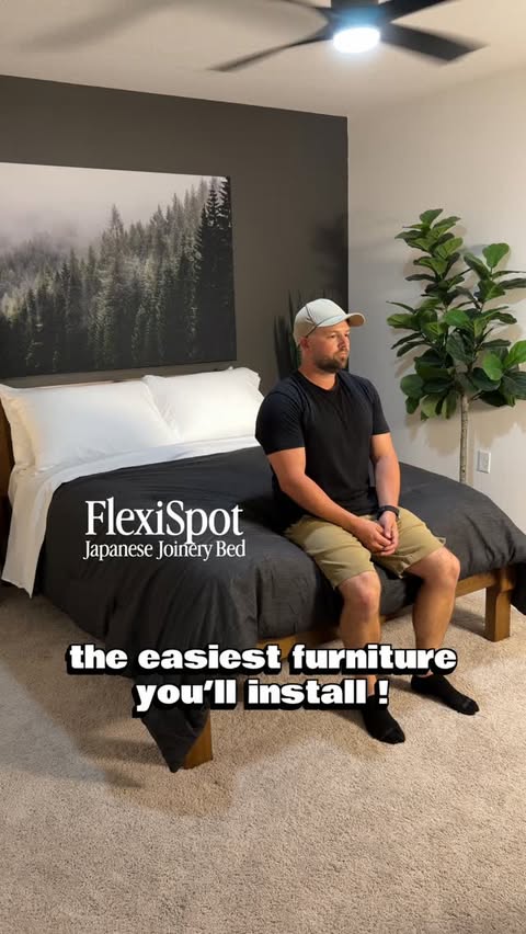 Instagram post by @homewithmike_ for FlexiSpot. Caption reads: [...] Kona Joinery bed with headboard by....