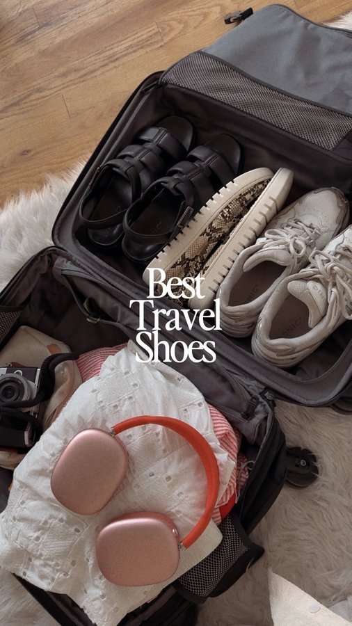 Instagram post by @jackiecamardo for Vionic Shoes. Caption reads: #ad #vionicshoespartner Packing my carry-on with....