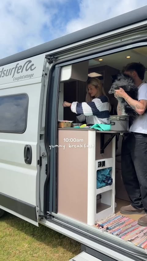 Instagram post by @connorball for roadsurfer. Caption reads: Cosy campervan morning☕️🚐✨ ad @roadsurfer....
