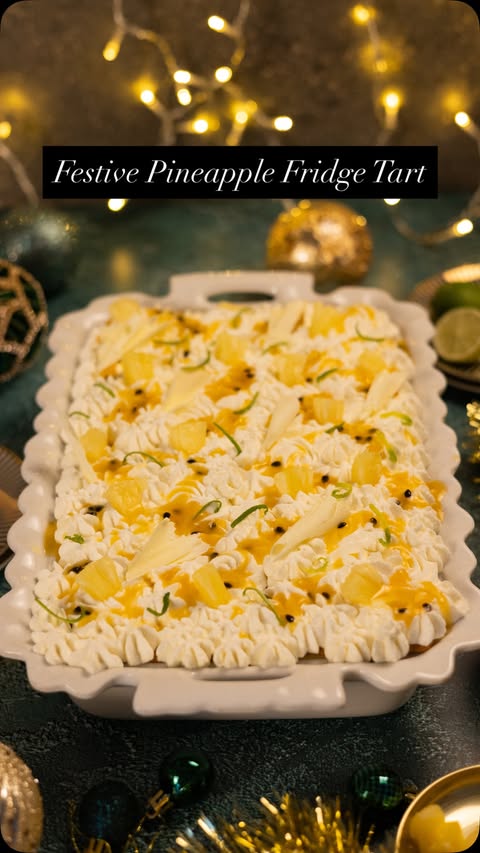 Instagram post by @adventureswithsugar for The Feedfeed. Caption reads: Recipe Alert 🚨 Festive Pineapple Fridge Tart This....