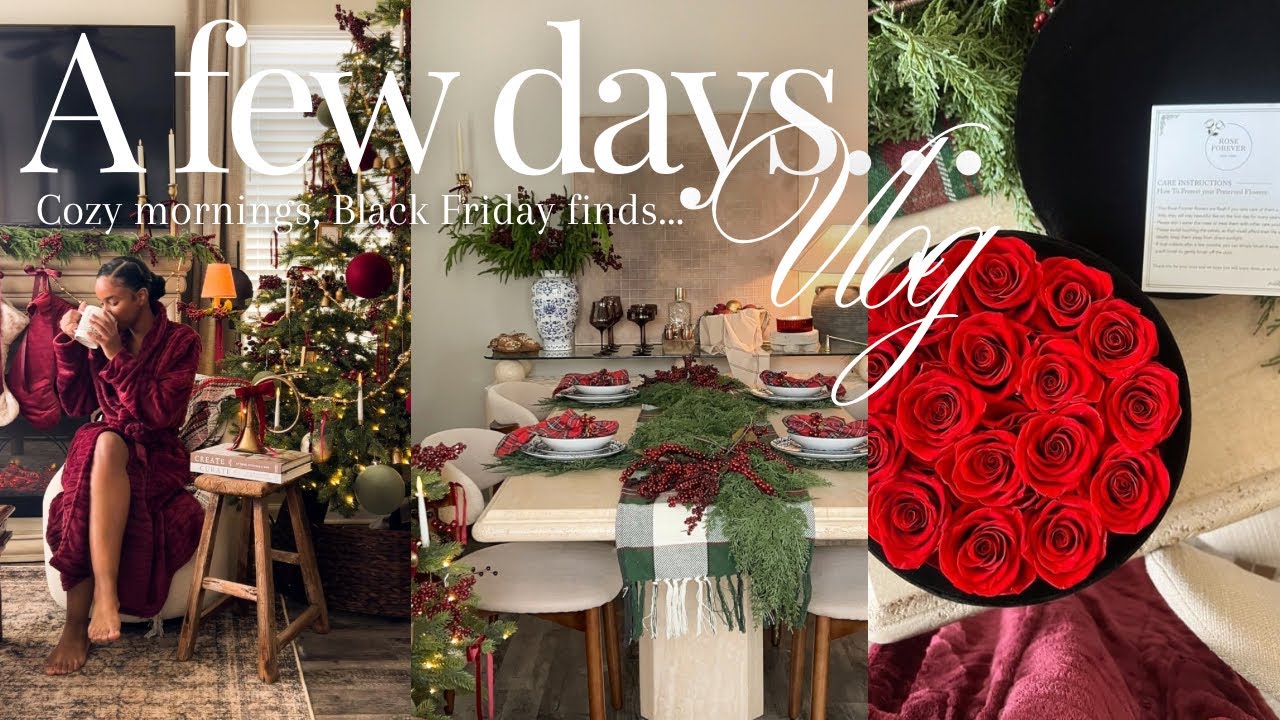 YouTube post by @cozyhomequeen for Rose Forever. Caption reads: VLOG | New flowers, black Friday finds, cozy....