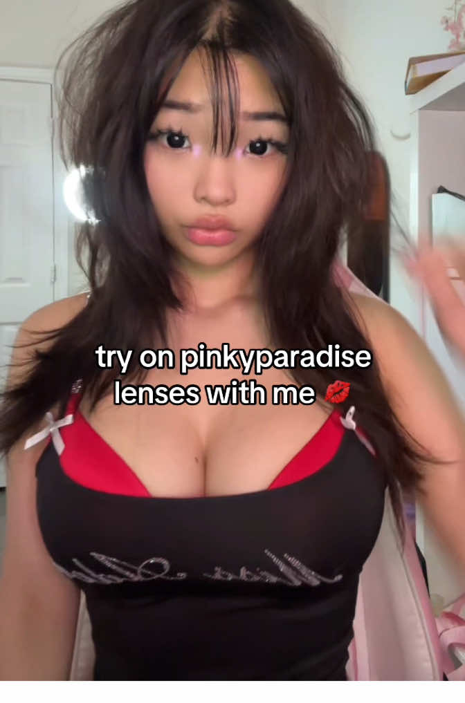 TikTok post by @alicesmeow for PinkyParadise. Caption reads: try on @PinkyParadise lenses with me!....