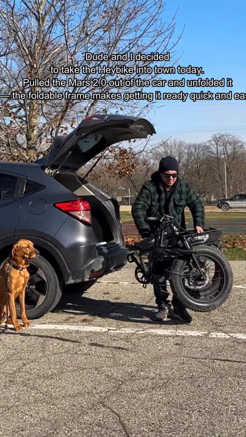 Instagram post by @adventures_of_the_dude_ for Heybike. Caption reads: “Took the e-bike into town today and had a great....