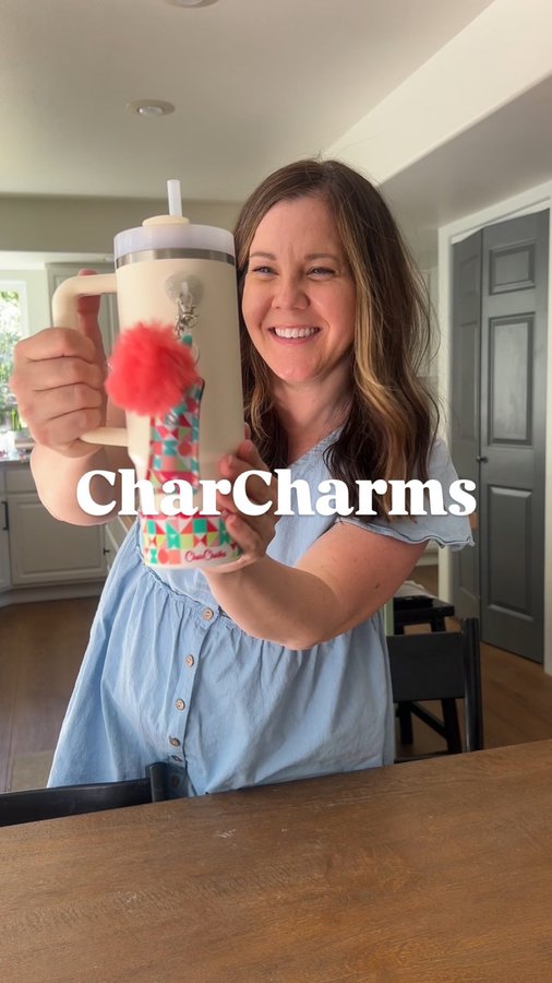 Instagram post by @pineconesandpacifiers for CharCharms. Caption reads: [...] fun water bottle accessories are from....