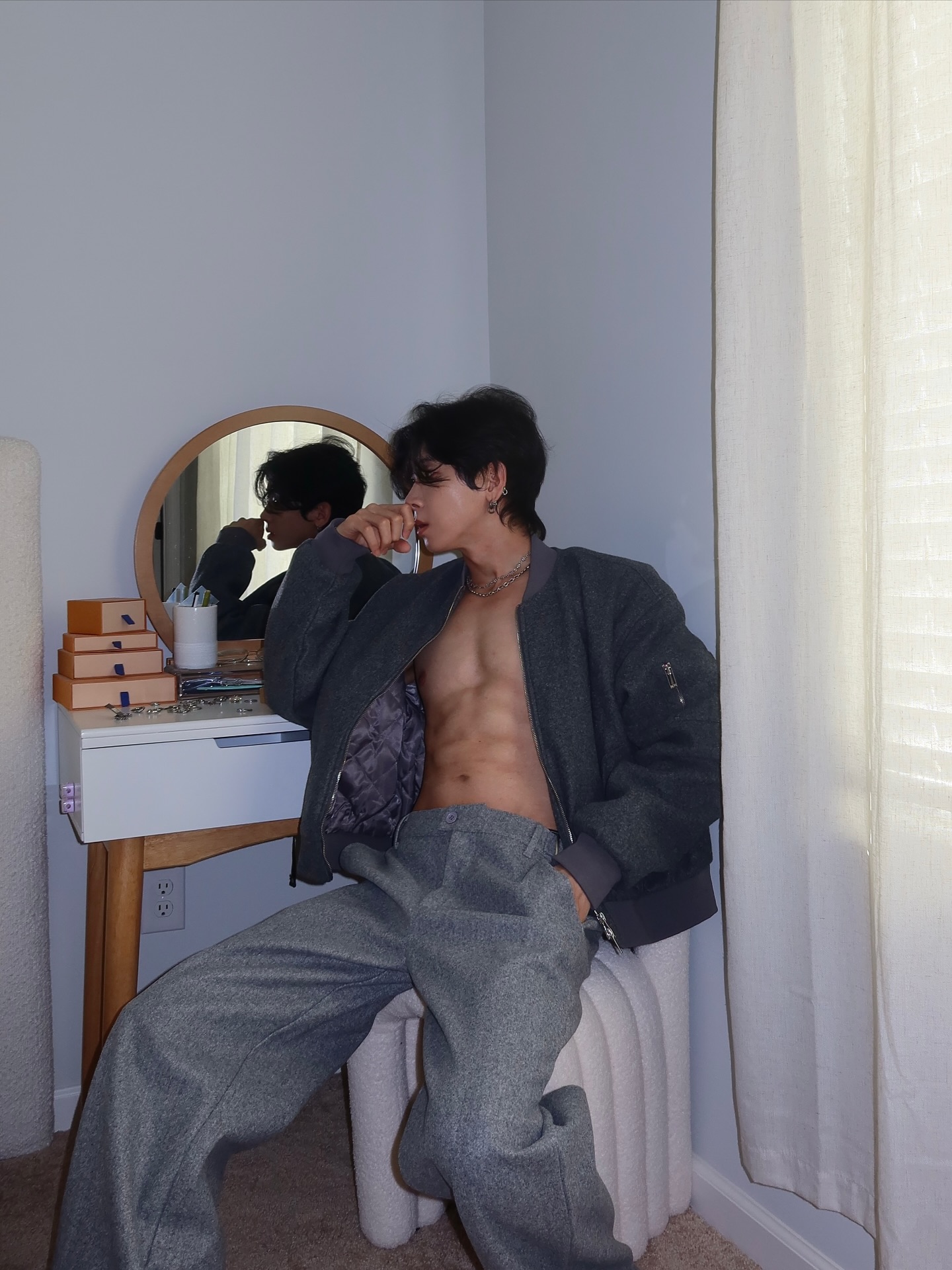 Instagram post by @_jjang.e for boohooMAN. Caption reads: #ad Look for Lafufu on 2nd slide😂
Jacket & Pants....