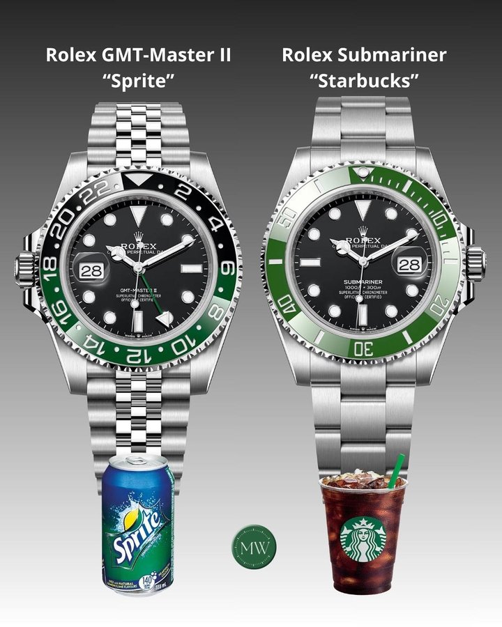 Instagram post by @89watches_ for MONDANIWEB. Caption reads: Rolex: GMT “Sprite” or Submariner “Starbucks”?....