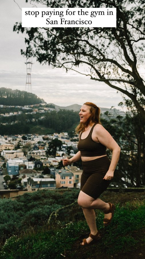 Instagram post by @thewhimsysoul for Girlfriend Collective. Caption reads: STOP paying for gym memberships in San Francisco!....