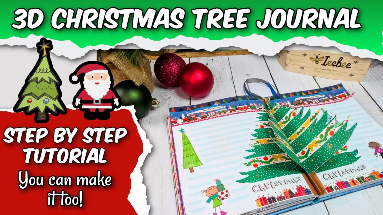YouTube post by @BeePlannerHappy for Grabie Art. Caption reads: 🎄3D Christmas Tree Journal Page Tutorial! ✨+....