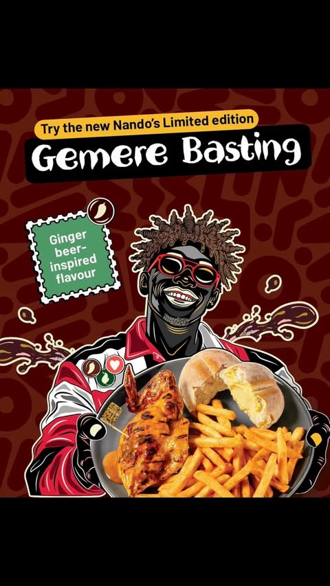 Instagram post by @rey_the_fearless for Nando's UK & Ireland. Caption reads: Meet Nando’s Gemere Basting 🇿🇦 a limited-edition....