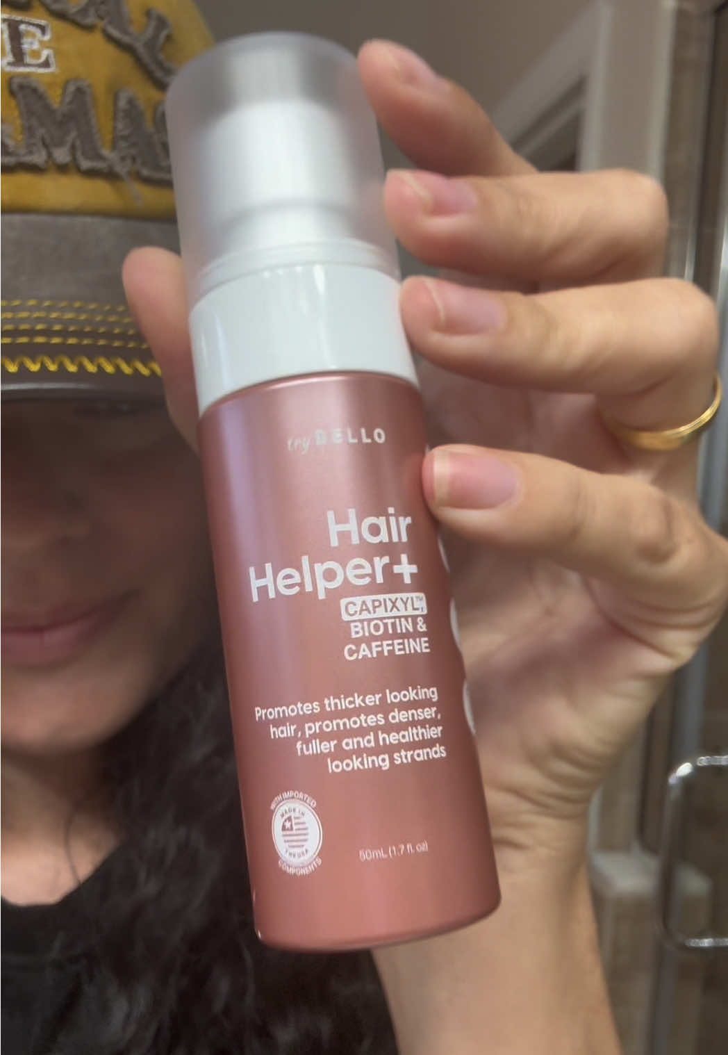 TikTok post by @jucorreamaia for TryBello Hair. Caption reads: TryBello Hair Helper Spray Plus with Capixyl,....