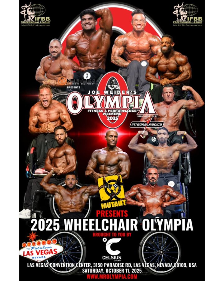 Instagram post by @thebeastwcbb for FLEX Magazine. Caption reads: 2025 Wheelchair Olympia OFFICAL POSTER! Approved....