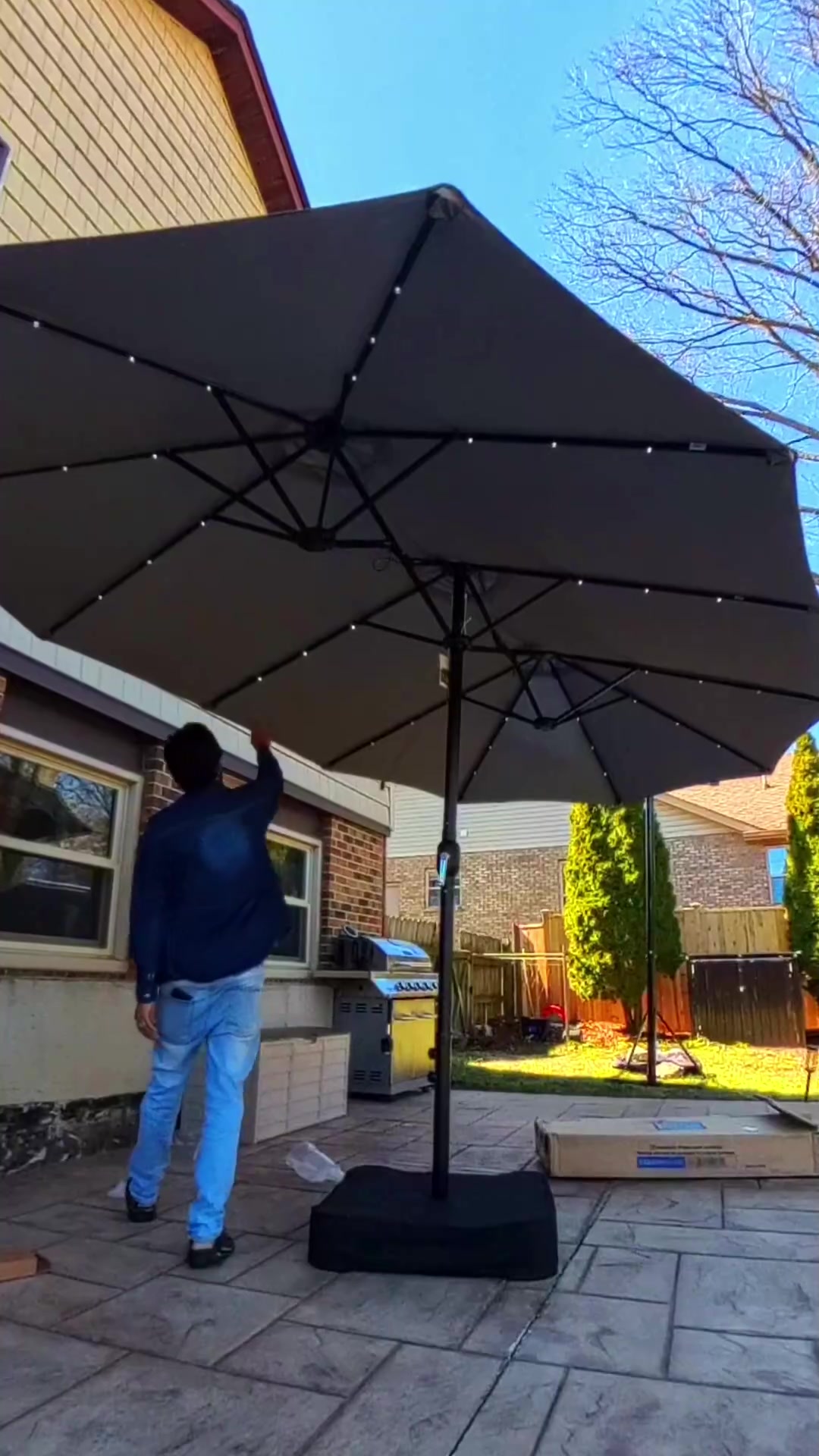 TikTok post by @gyanpoudyal for Phi Villa. Caption reads: PHIVILLA 15ft Double-Sided Patio Umbrella [...].