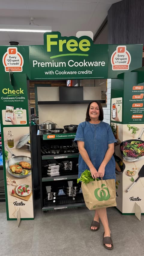 Instagram post by @adele_barbaro for Woolworths. Caption reads: [...] cookware range + $100 Woolworths grocery....
