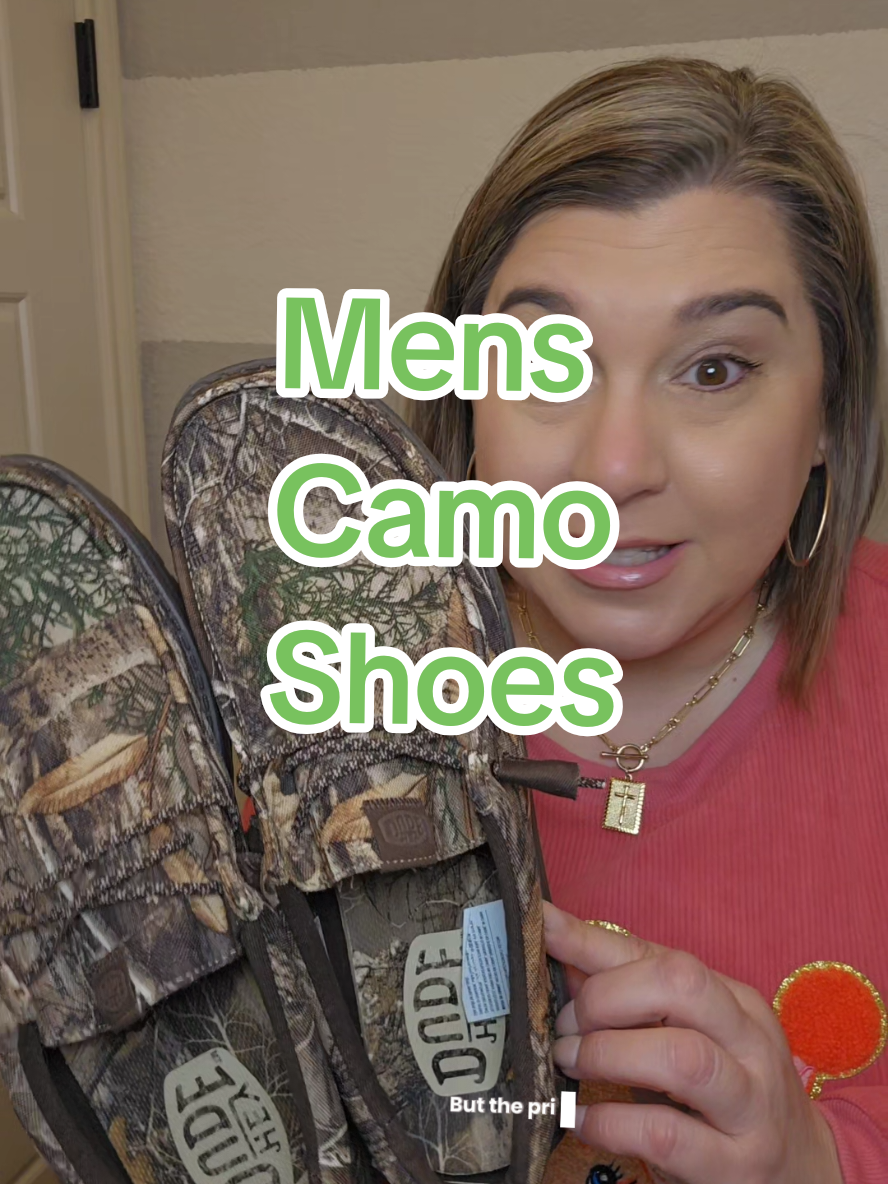 TikTok post by @jenniferwolseybeautybiz for HEYDUDE shoes. Caption reads: Replying to @hollydharris These @HeyDude mens camo....