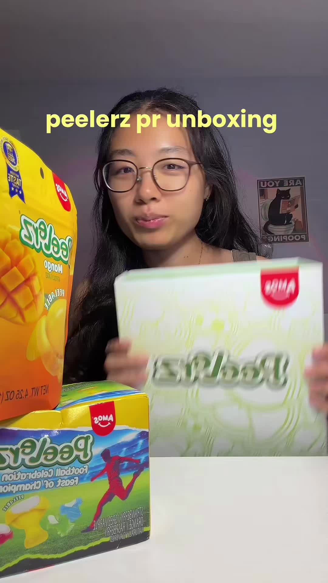 TikTok post by @sal.munchies for Amos Sweets. Caption reads: peelerz pr unboxing thanks @Amos Sweets #mukbang....