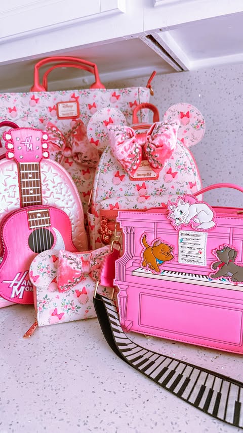 Instagram post by @aliceclarkpayne for loungefly. Caption reads: Outfit inspo for pink @loungefly bags!! The....