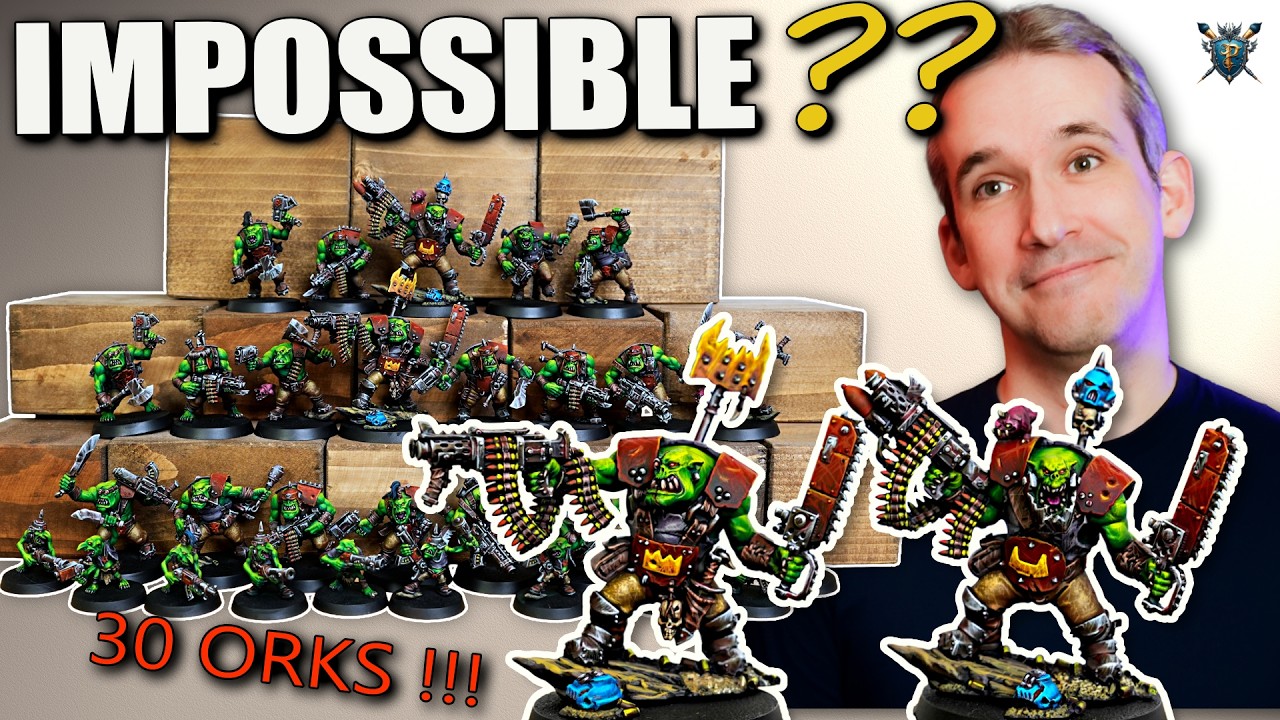 YouTube post by @ph3lansminiatures for Fashion Force Finds. Caption reads: Can You Paint 30 HIGH QUALITY ORKS fast?.