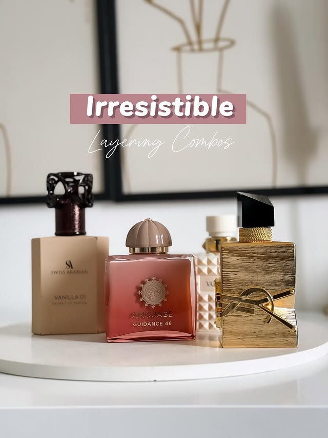 Instagram post by an influencer for AMOUAGE. Caption reads: Irresistible Layering Combos✨ SWIPE for more If....