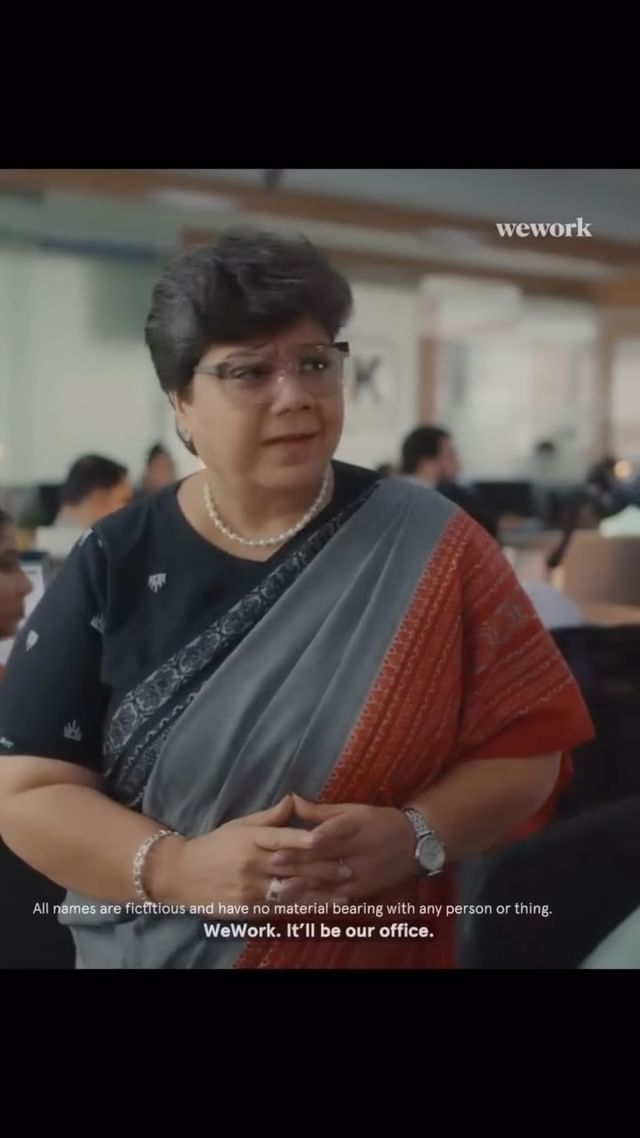 Instagram post by @sarita_didi_organic_thoughts for WeWork. Caption reads: My new ad as an actor for @wework.in your office,....
