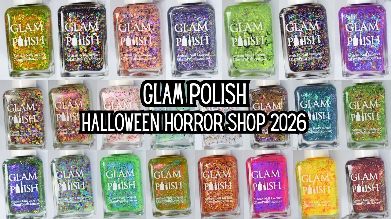 YouTube post by @ThePolishedMage for Pixabay. Caption reads: Glam Polish: Halloween Horror Shop 2026.