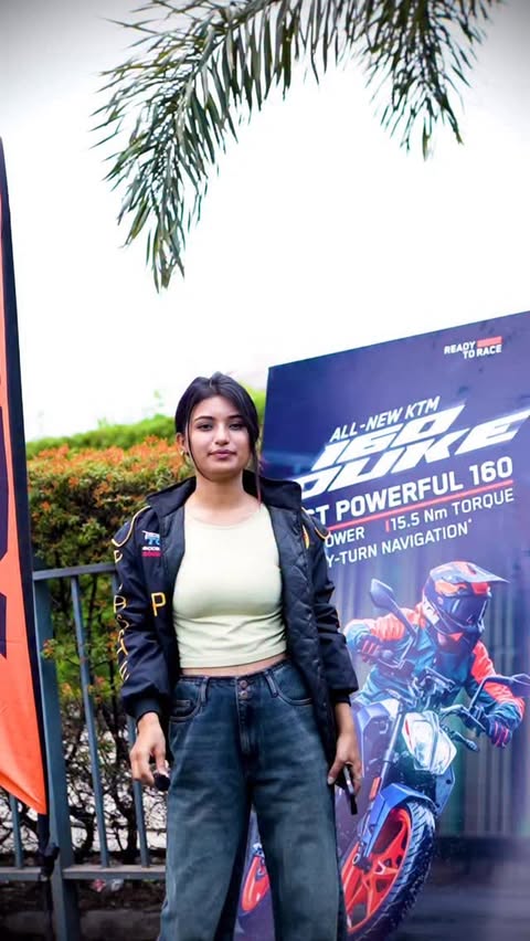 Instagram post by @__urvashi_ii for KTM. Caption reads: Experiencing the all-new KTM Duke 160 is about....