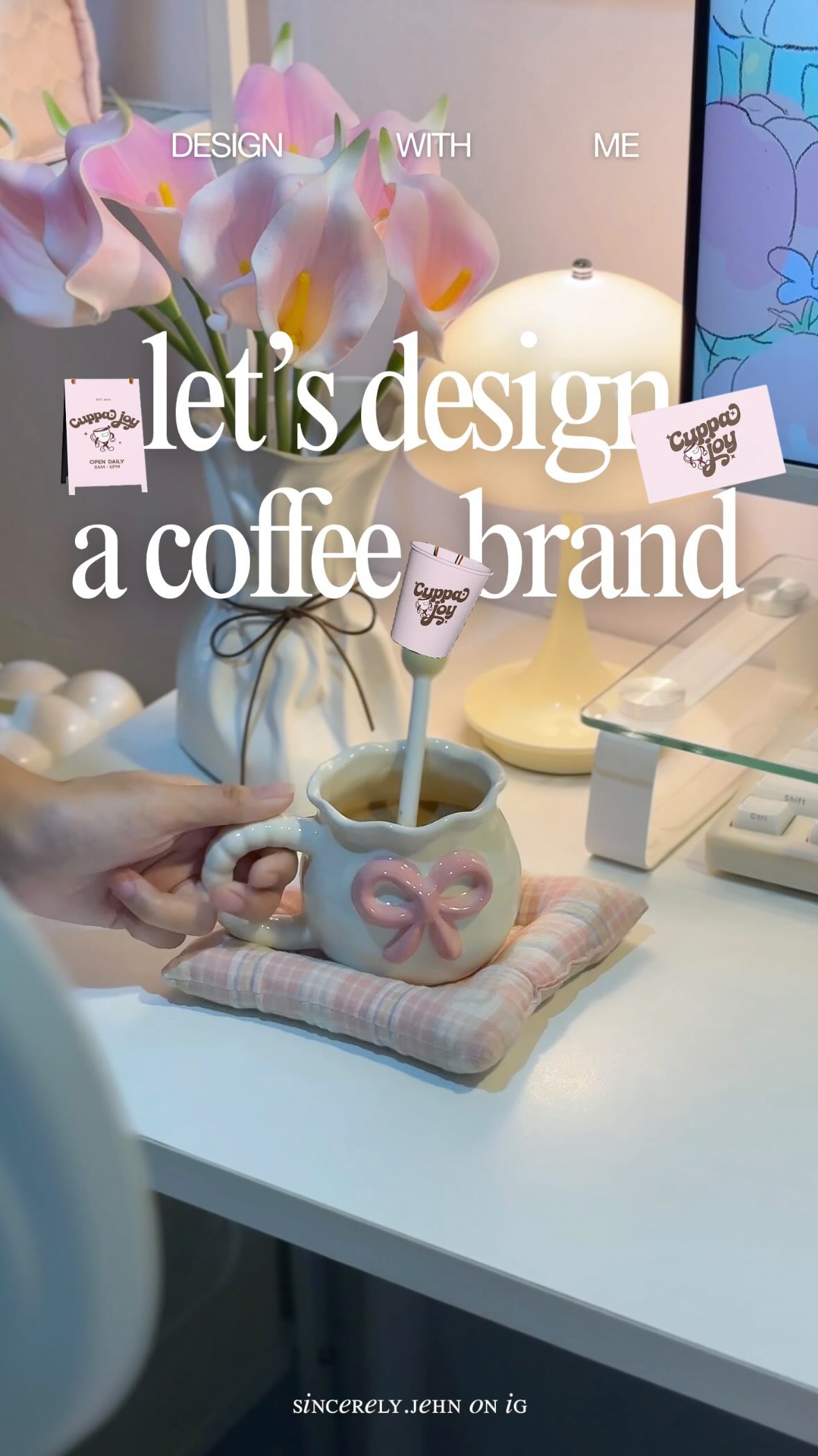Instagram post by @sincerely.jehn for Kittl. Caption reads: design a coffee brand with me!☕️ 

Thanks to....