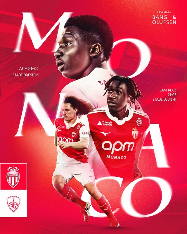 Instagram post by @asmonaco for Bang & Olufsen. Caption reads: [...] 🕒 21h05 📺 Ligue 1+ 📲 #ASMSB29 🤝....