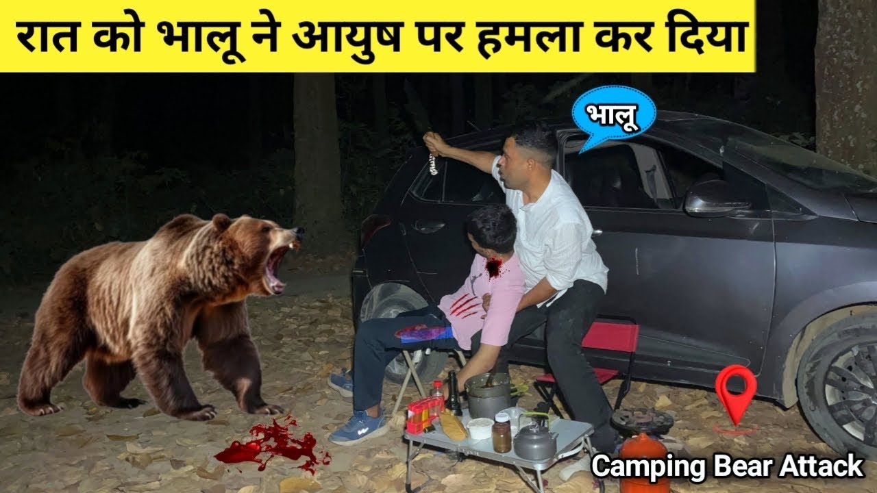 YouTube post by @indocamping for BeaverCraft Tools. Caption reads: Bear🐻 Attack Bear attacked Aayush Night Camping....