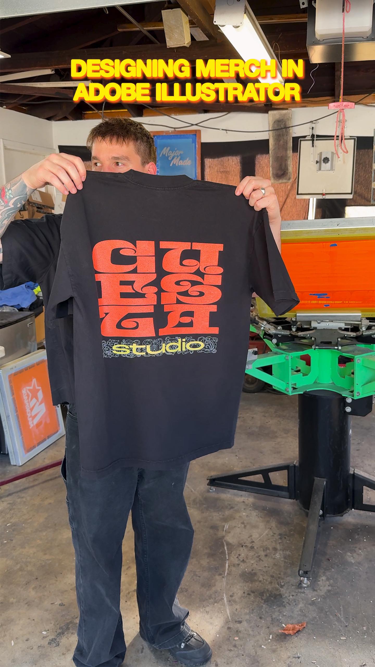 Instagram post by @permanentglue for Adobe Design. Caption reads: Here’s how you can make merch with Adobe....