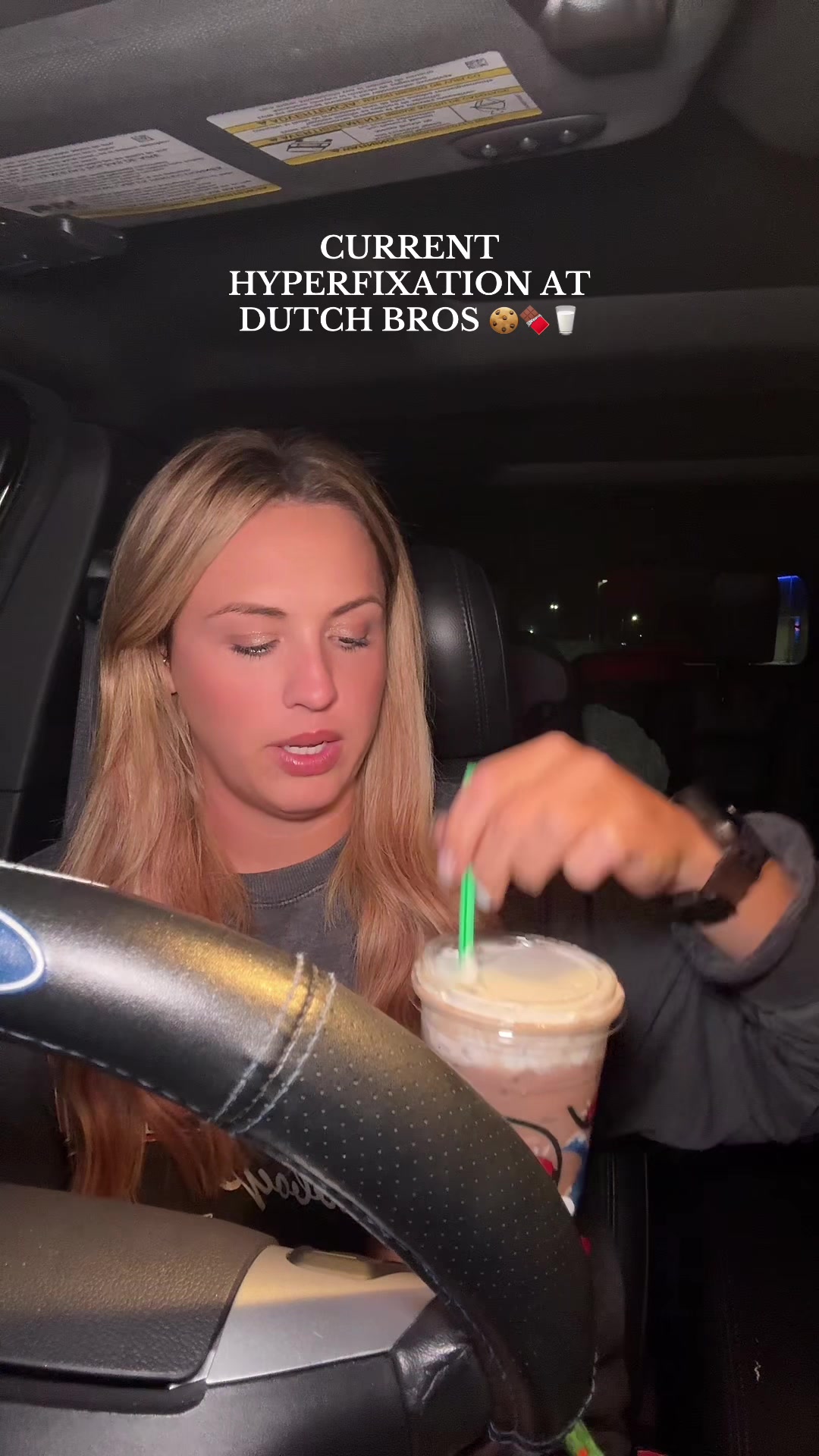 TikTok post by @__jbarsty for Dutch Bros Coffee. Caption reads: SO GOOD I LEFT MY BED AND SHOW TO GRAB THIS DRINK....