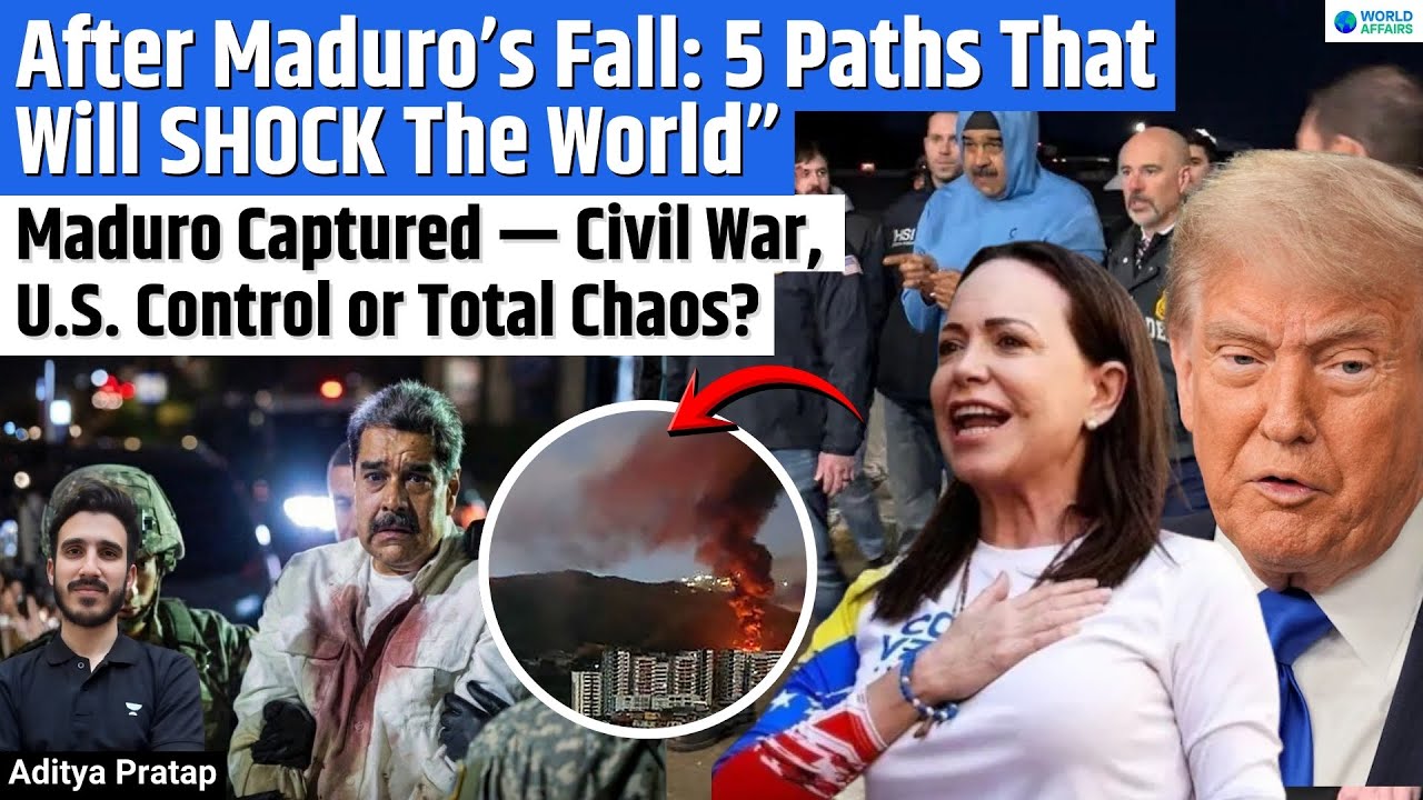 YouTube post by @WorldAffairsUnacademy for Unacademy. Caption reads: 5 Possible Futures for Venezuela After Maduro’s....