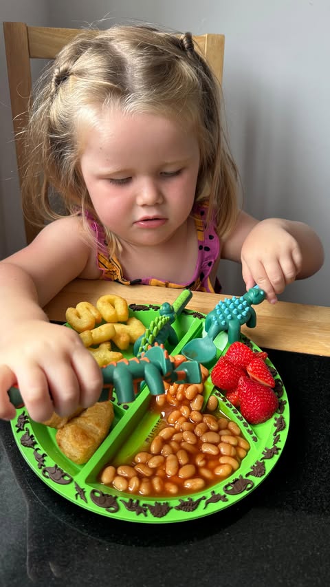 Instagram post by @harperpoppywebb for Constructive Eating. Caption reads: [...] Dino plate and cutlery set from....