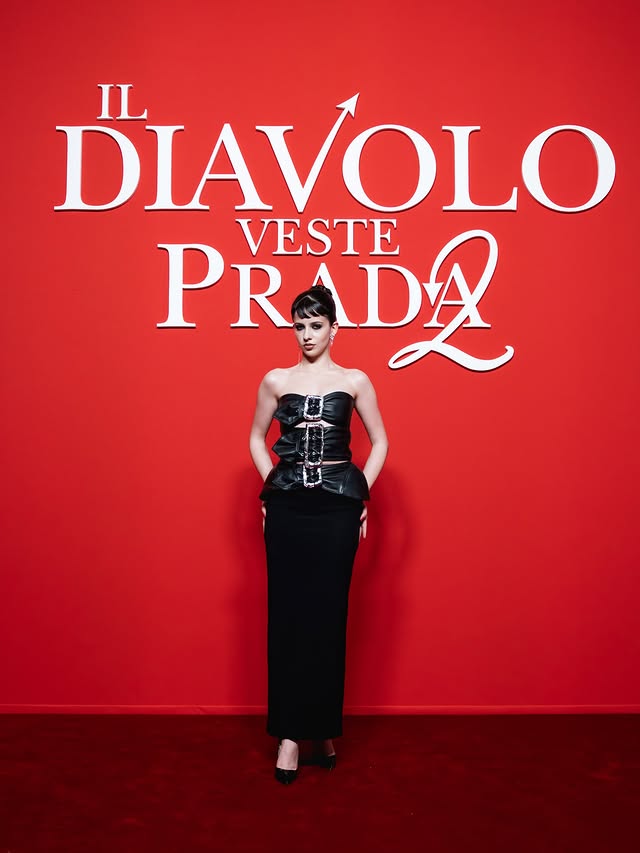 Instagram post by @charlotteroberts for 20th Century Studios. Caption reads: the devil wears @jeanpaulgaultier at the milan....