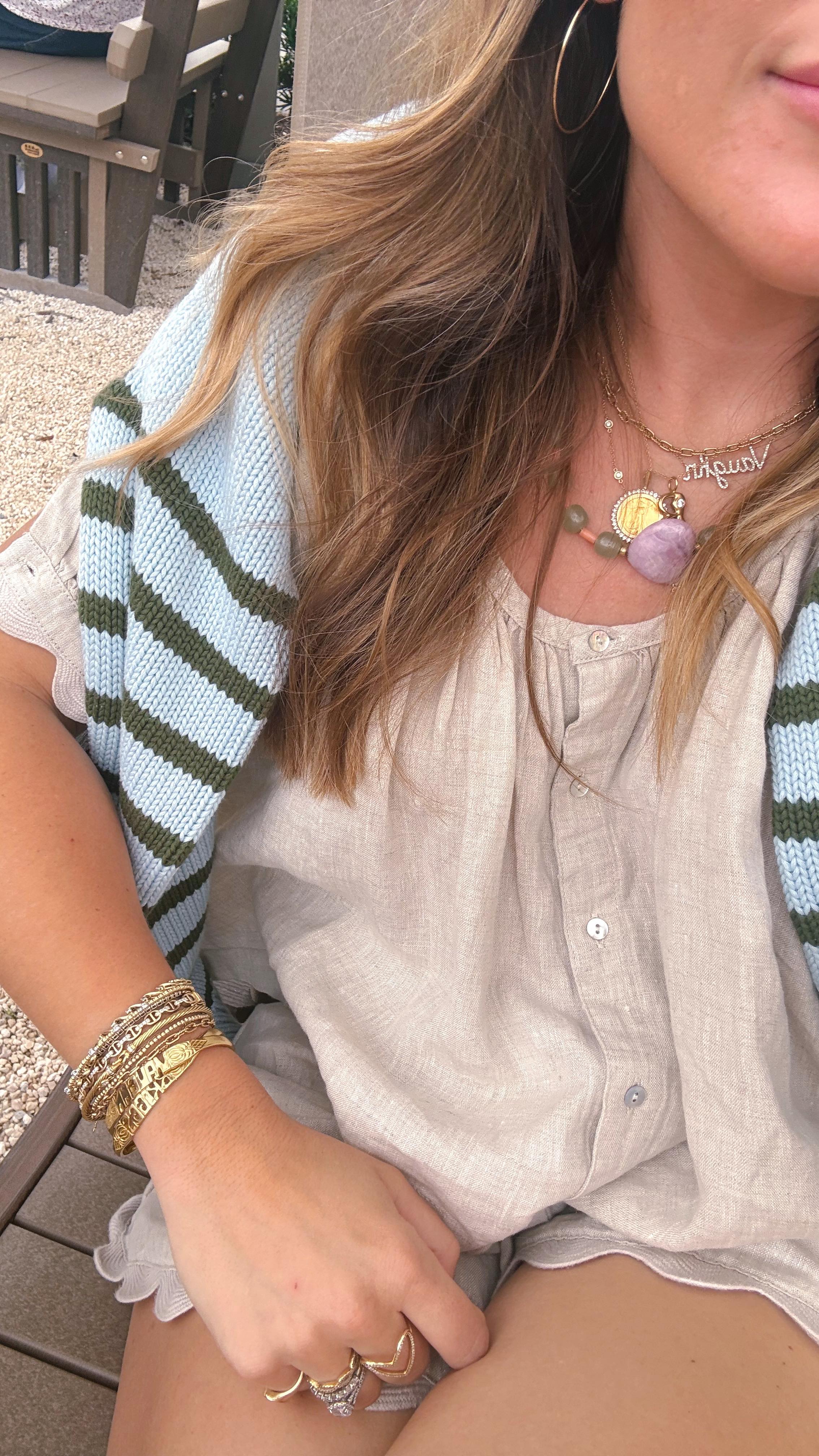 Instagram post by @glitterandgingham for Marc Fisher. Caption reads: Day 5 of 14 of vacay outfits ☀️🌊 This easy linen....