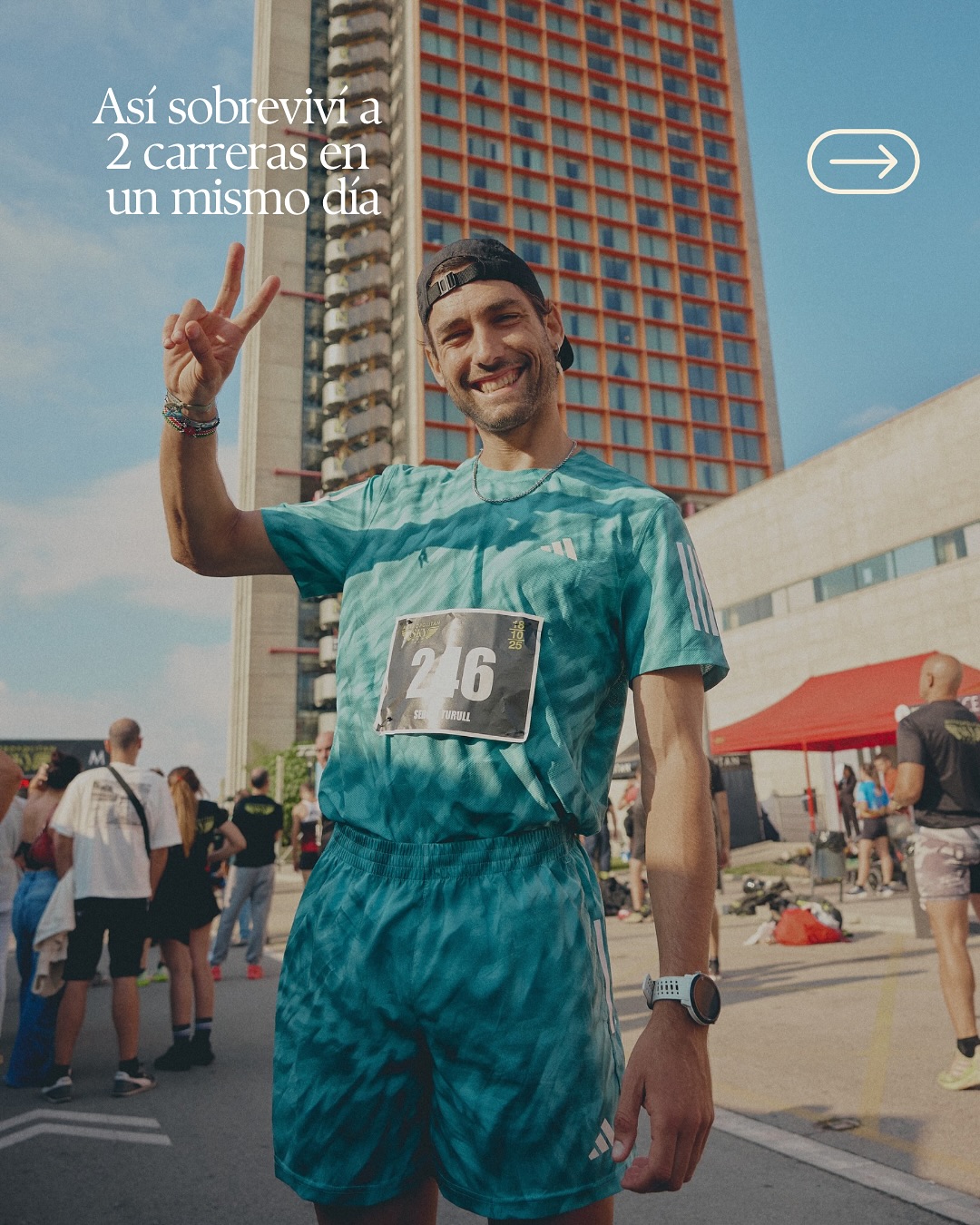 Instagram post by @pitufollow for Prozis. Caption reads: Así sobreviví a 2 carreras en 1 día🥵 Doble....