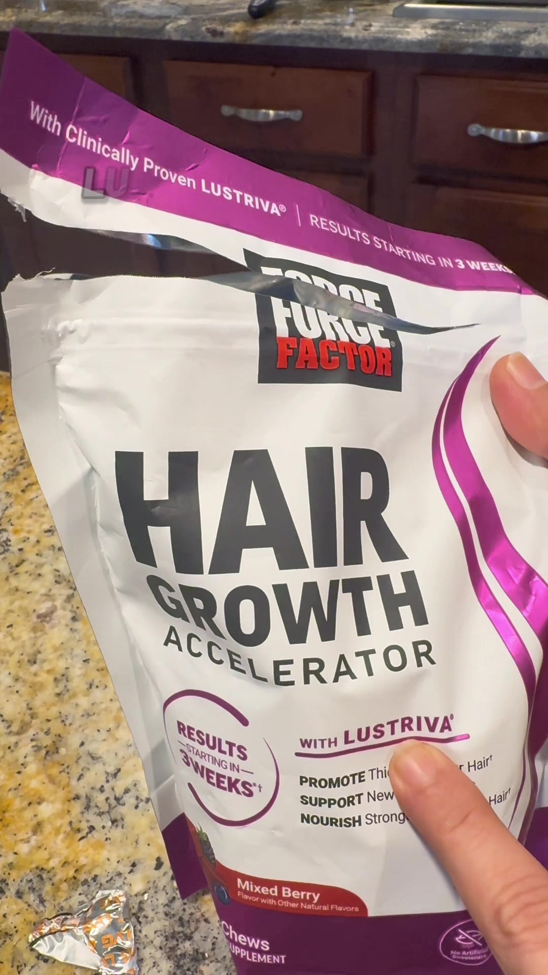 TikTok post by @apeksha132 for Force Factor. Caption reads: Try this hair grow chewys if you want longer,....