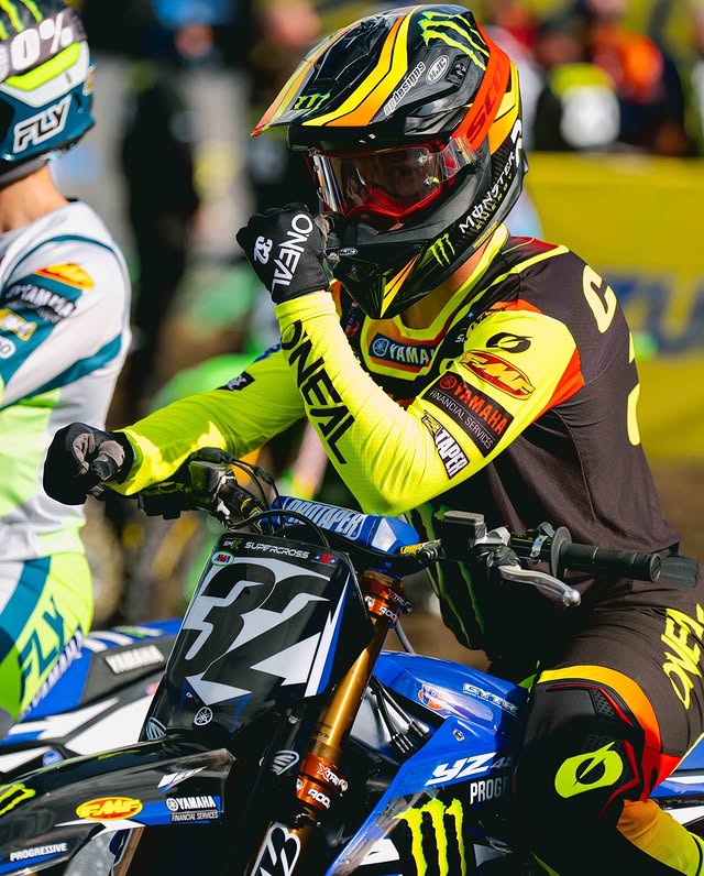 Instagram post by @justincooper_32 for HJC Helmets. Caption reads: [...] @yamahamotorusa @onealracing @hjchelmets....