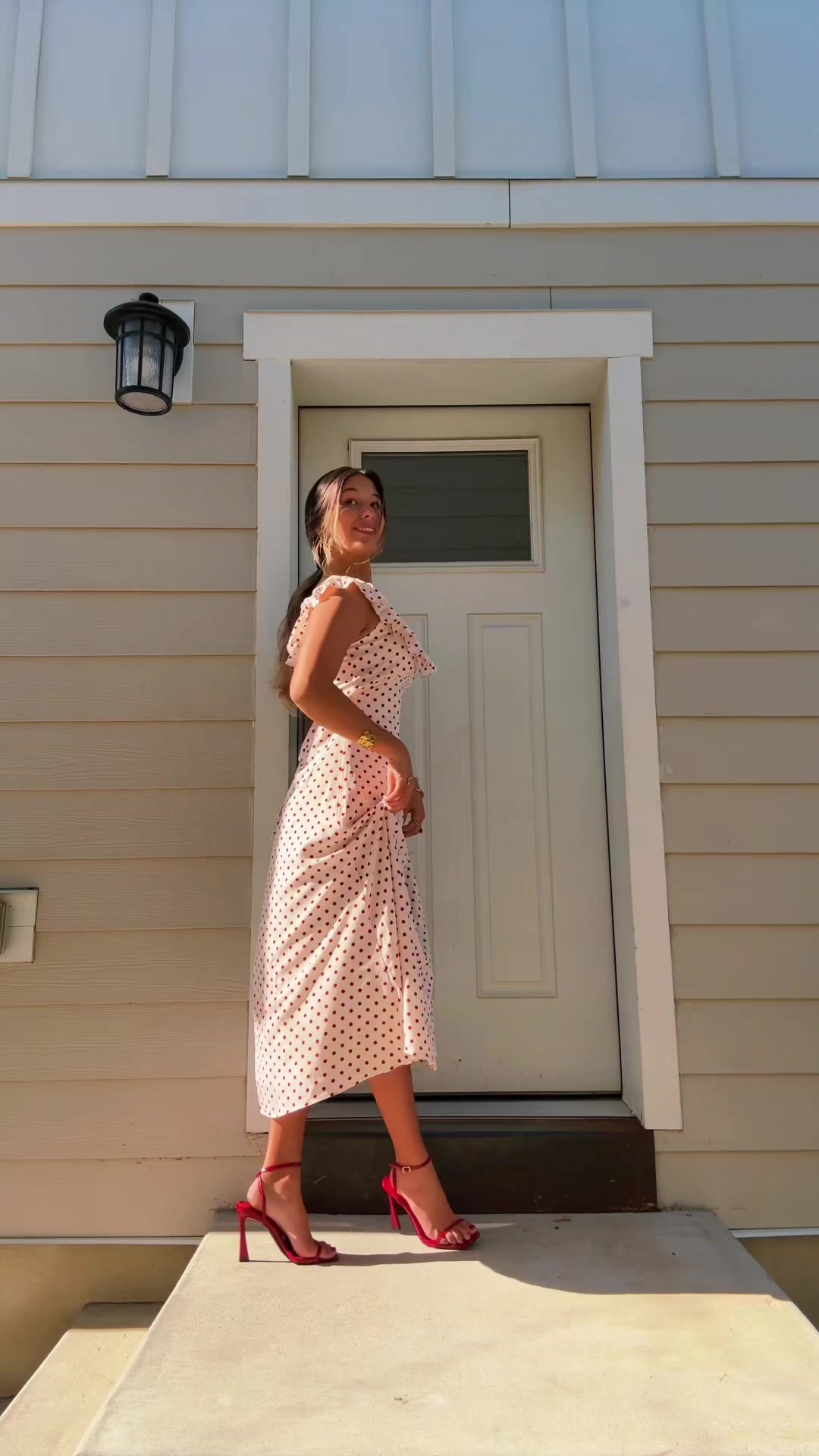 TikTok post by @coolestbabeoutthere for Simmi London. Caption reads: church 🤍 ! heels @SIMMILONDON #polkadotdress....