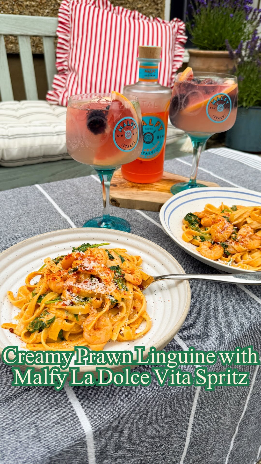 Instagram post by @lilandlife for MALFY Gin. Caption reads: AD Creamy Prawn Linguine with @malfygin La Dolce....