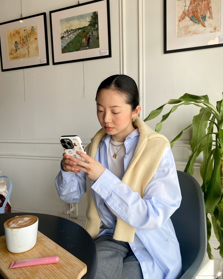 Instagram post by @michellej.ma for KaseMe. Caption reads: POV: cafe date with moi ft my super case from....