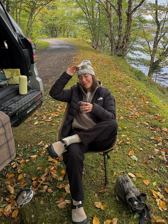 Instagram post by @jodirobicheau for The North Face. Caption reads: [...] I call a good autumn morning 🍂⛰️....