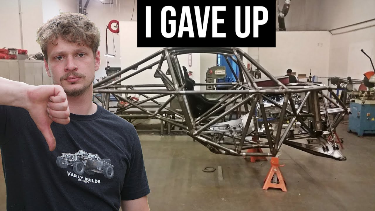 YouTube post by @VasilyBuilds for Benchmark Abrasives. Caption reads: Building a Trophy Truck at Home is hard... (Part....