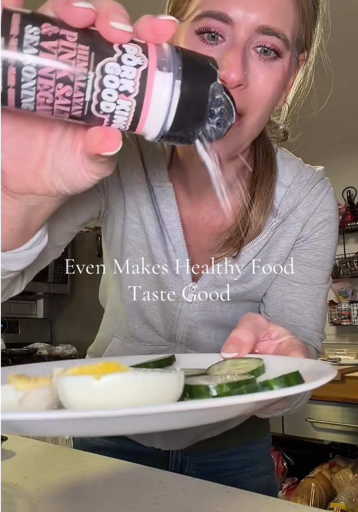 TikTok post by @iamsarahtonin for Pork King Good. Caption reads: Eating healthy doesn’t have to be bland! Spice it....