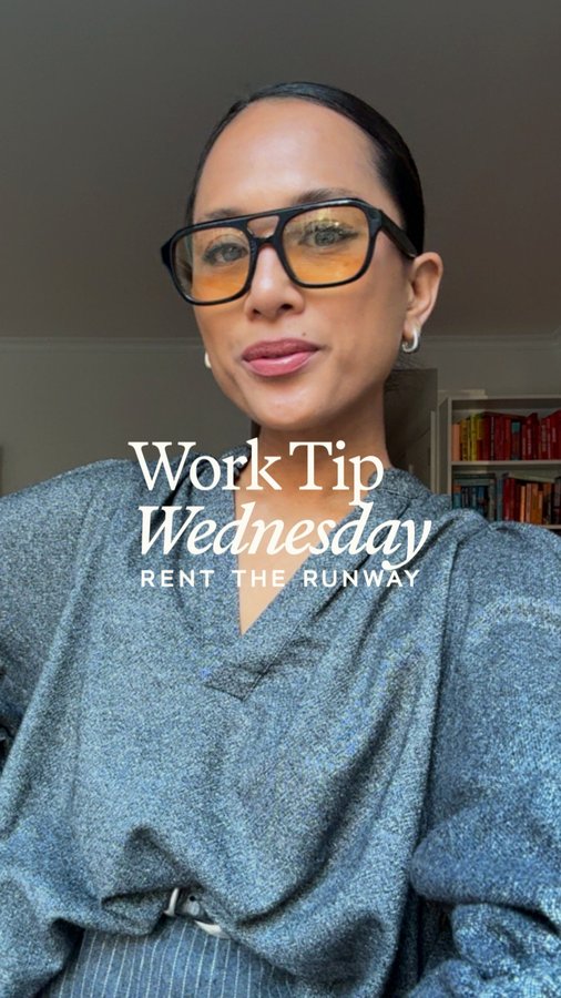 Instagram post by @jeanelleteves for Rent the Runway. Caption reads: Welcome back to Work Tip Wednesday with....