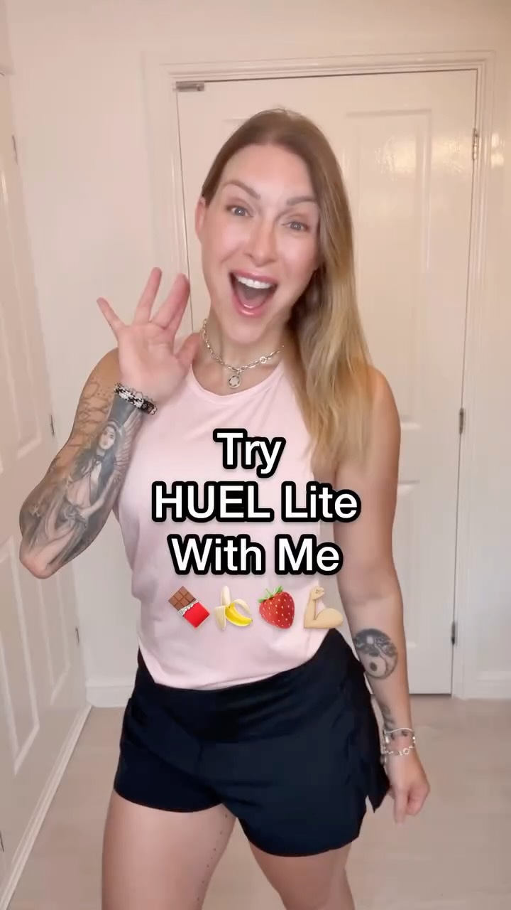 Instagram post by @tracykissdotcom for Huel. Caption reads: It's landed! 🛬 #huellite is officially here 💪🏼....